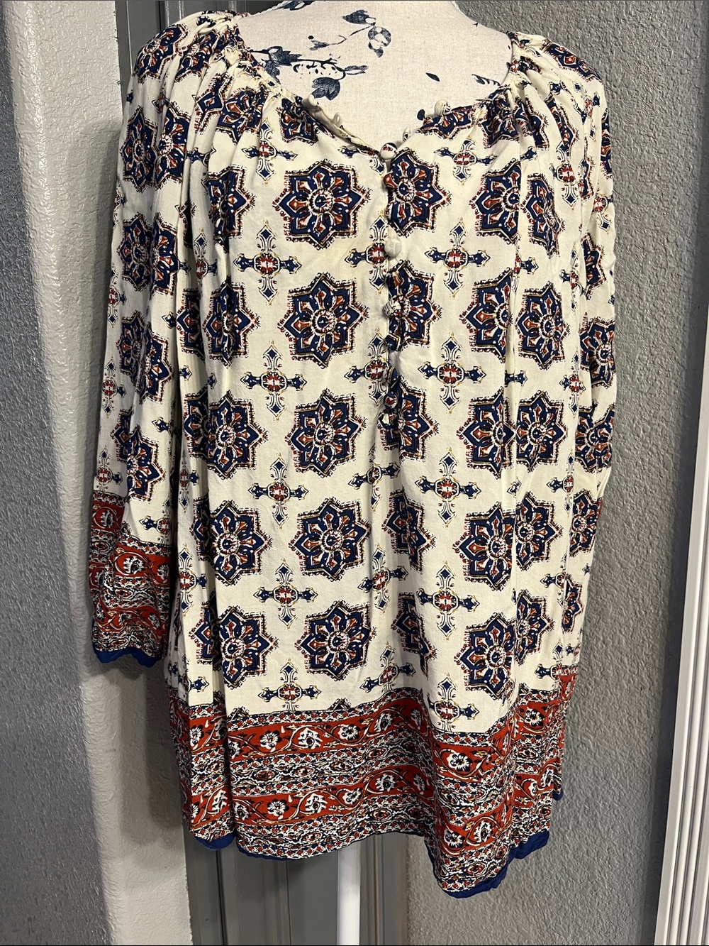 Bohemian Cream Printed Peasant Blouse with Navy and Rust Accents